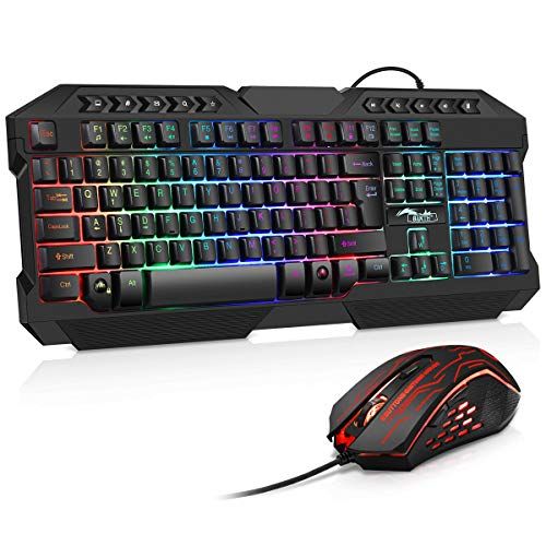  BAKTH Multiple Color LED Rainbow Backlit Wired Gaming Keyboard and Mouse Combo, USB Ergonomic Computer Keyboard with 7 Colors 3600DPI 6 Button Mouse for PC Windows Mac Game and Wor