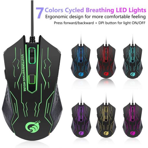  BAKTH Multiple Color LED Rainbow Backlit Wired Gaming Keyboard and Mouse Combo, USB Ergonomic Computer Keyboard with 7 Colors 3600DPI 6 Button Mouse for PC Windows Mac Game and Wor