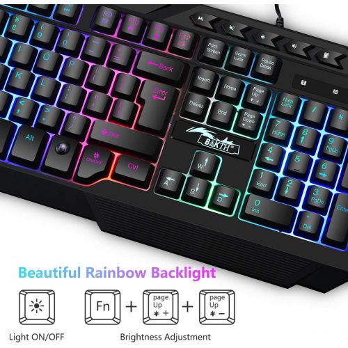  BAKTH Multiple Color LED Rainbow Backlit Wired Gaming Keyboard and Mouse Combo, USB Ergonomic Computer Keyboard with 7 Colors 3600DPI 6 Button Mouse for PC Windows Mac Game and Wor