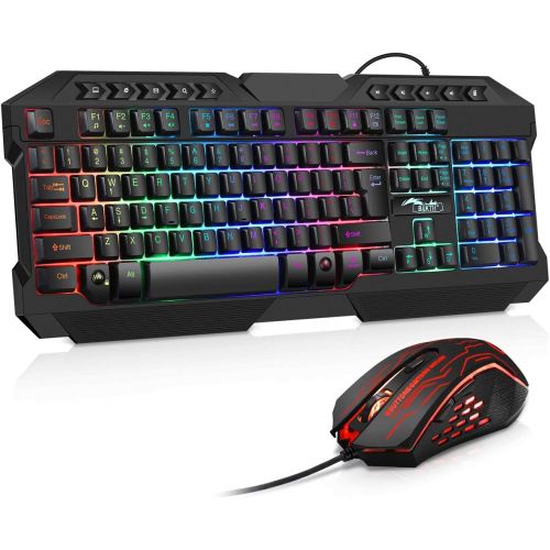  BAKTH Multiple Color LED Rainbow Backlit Wired Gaming Keyboard and Mouse Combo, USB Ergonomic Computer Keyboard with 7 Colors 3600DPI 6 Button Mouse for PC Windows Mac Game and Wor