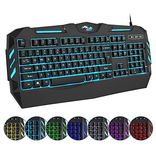  BAKTH 7 Colors LED Backlit Gaming Keyboard, Mechanical Feeling and Waterproof, Illuminated USB Wired Keyboard for Pro PC Gamer or Office