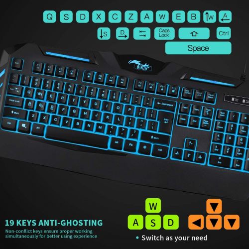  BAKTH 7 Colors LED Backlit Gaming Keyboard, Mechanical Feeling and Waterproof, Illuminated USB Wired Keyboard for Pro PC Gamer or Office