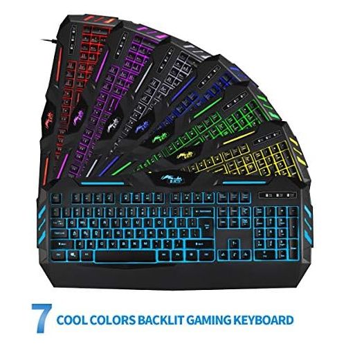  [아마존베스트]BAKTH Gaming Keyboard, 7 Colours LED Backlight QWERTY US Layout, Illuminated USB Waterproof Wired Keyboard for Computer PC Gamer