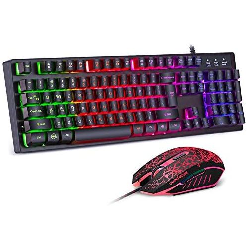  [아마존베스트]BAKTH Gaming Keyboard and Mouse Set, LED Backlight QWERTZ DE Layout, Rainbow Colours, Illuminated, Waterproof, USB Wired Keyboard and Mouse for Pro PC Gamer