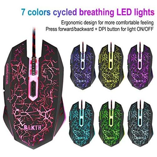  [아마존베스트]BAKTH Gaming Keyboard and Mouse Set, LED Backlight QWERTZ DE Layout, Rainbow Colours, Illuminated, Waterproof, USB Wired Keyboard and Mouse for Pro PC Gamer