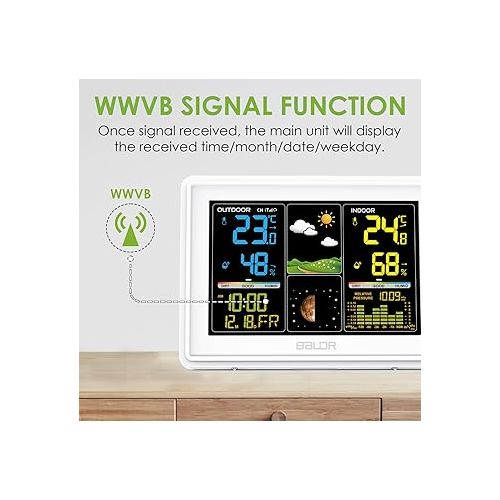  BALDR Weather Station Wireless Indoor Outdoor, Digital Colorful Thermometer with Atomic Clock, Wireless Home Weather Station with Barometer and Moon Phase