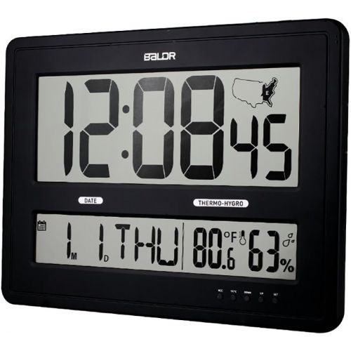  BALDR Large Digital Wall Clock With Big Time Display, Big Wall Clock for Office with Temperature and Humidity Time Zone Map Calendar Function, Black