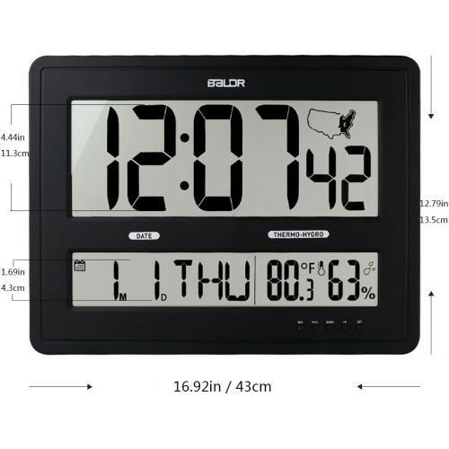  BALDR Large Digital Wall Clock With Big Time Display, Big Wall Clock for Office with Temperature and Humidity Time Zone Map Calendar Function, Black