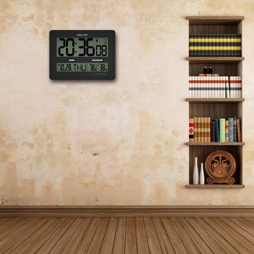  BALDR Large Digital Wall Clock With Big Time Display, Big Wall Clock for Office with Temperature and Humidity Time Zone Map Calendar Function, Black