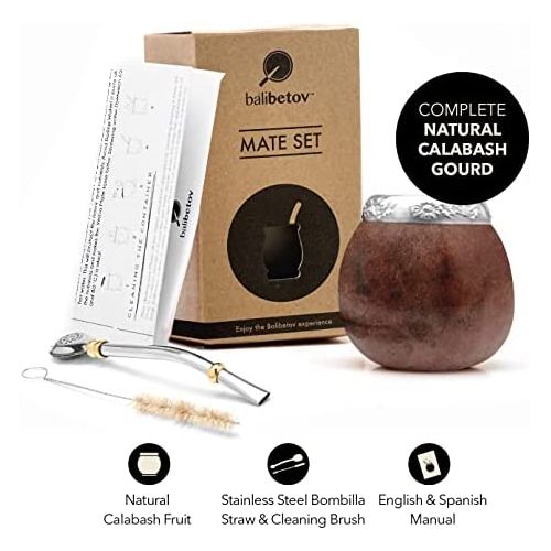  [아마존베스트]Balibetov [New] Handmade Natural Mate Gourd Set (Original Mate Cup) Including Bombilla (Yerba Mate Straw) (Dark Brown)