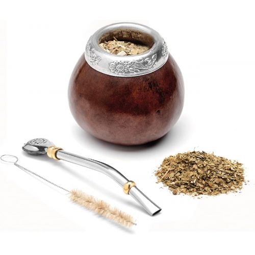  [아마존베스트]Balibetov [New] Handmade Natural Mate Gourd Set (Original Mate Cup) Including Bombilla (Yerba Mate Straw) (Dark Brown)