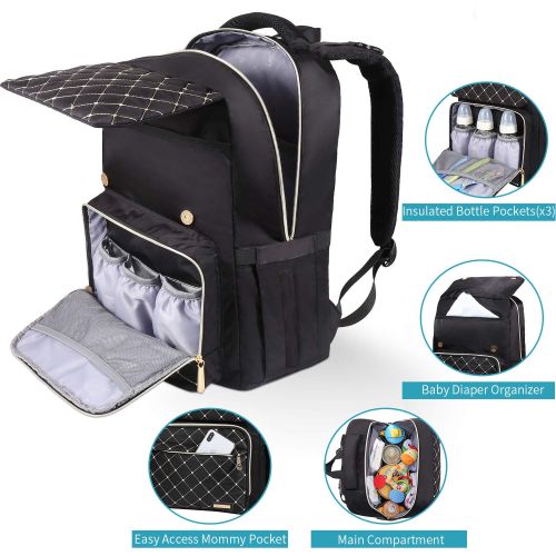  [아마존베스트]BAMOMBY Diaper Bag Backpack, Bamomby Multi-Function Waterproof Travel Backpack Nappy Bags for Mom,Dad with Insulated Pockets, Changing Pad, Stroller Straps for Boys,Girls-Black