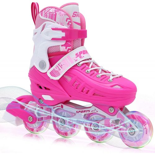  BAND Dream Taiji Childrens Adjustable Inline Skates, 8 Flashing Wheels, Boys, Girls, Fun Beginner Indoor and Outdoor Lighting Roller Skates, Fun Roller Skates, Blue, Pink