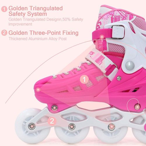  BAND Dream Taiji Childrens Adjustable Inline Skates, 8 Flashing Wheels, Boys, Girls, Fun Beginner Indoor and Outdoor Lighting Roller Skates, Fun Roller Skates, Blue, Pink