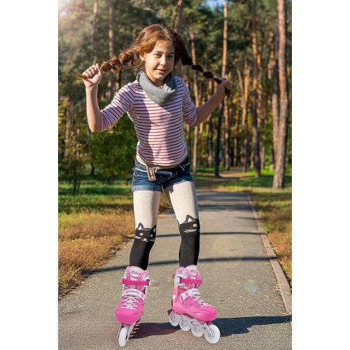  BAND Dream Taiji Childrens Adjustable Inline Skates, 8 Flashing Wheels, Boys, Girls, Fun Beginner Indoor and Outdoor Lighting Roller Skates, Fun Roller Skates, Blue, Pink