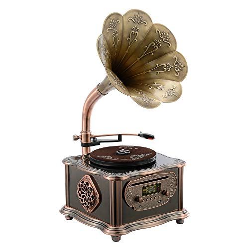  BANDC Bronze Vintage Classic Retro Antique Phonograph Gramophone Turntable Vinyl Record Player Stereo Speakers Home Decoration System Control 33/45 RPM FM AUX USB CD Ouput Bluetooth 4.2