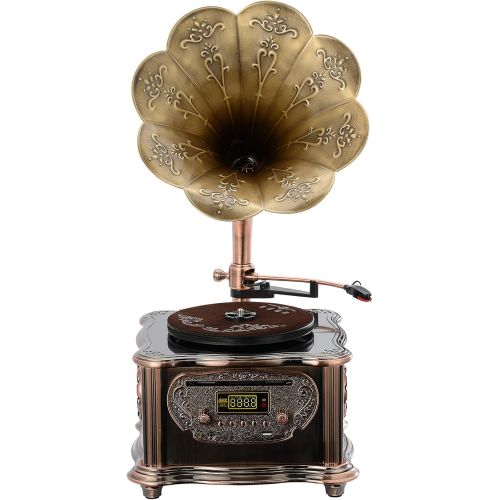  BANDC Bronze Vintage Classic Retro Antique Phonograph Gramophone Turntable Vinyl Record Player Stereo Speakers Home Decoration System Control 33/45 RPM FM AUX USB CD Ouput Bluetooth 4.2