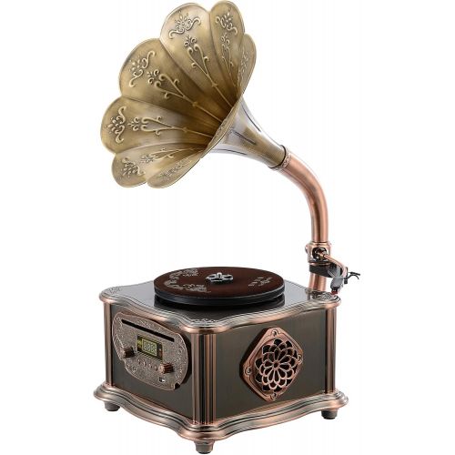  BANDC Bronze Vintage Classic Retro Antique Phonograph Gramophone Turntable Vinyl Record Player Stereo Speakers Home Decoration System Control 33/45 RPM FM AUX USB CD Ouput Bluetooth 4.2