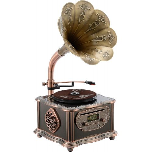  BANDC Bronze Vintage Classic Retro Antique Phonograph Gramophone Turntable Vinyl Record Player Stereo Speakers Home Decoration System Control 33/45 RPM FM AUX USB CD Ouput Bluetooth 4.2