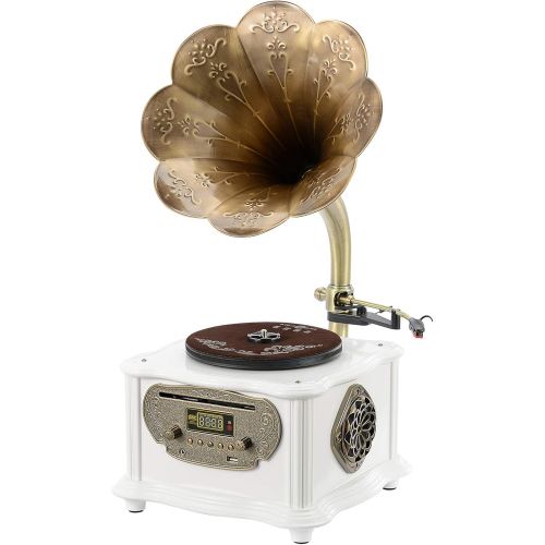  BANDC White Vintage Classic Home Decoration Retro Antique Gramophone Phonograph Turntable Vinyl Record Player Stereo Speakers System Control 33/45 RPM FM AUX USB CD Ouput Bluetooth 4.2 (