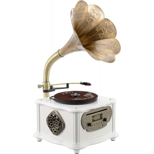  BANDC White Vintage Classic Home Decoration Retro Antique Gramophone Phonograph Turntable Vinyl Record Player Stereo Speakers System Control 33/45 RPM FM AUX USB CD Ouput Bluetooth 4.2 (