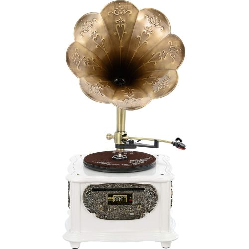  BANDC White Vintage Classic Home Decoration Retro Antique Gramophone Phonograph Turntable Vinyl Record Player Stereo Speakers System Control 33/45 RPM FM AUX USB CD Ouput Bluetooth 4.2 (