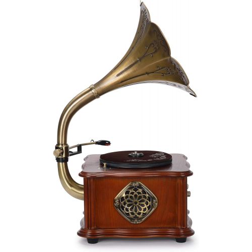  BANDC Wooden Gramophone Phonograph Turntable Vinyl Record Player Stereo Speakers System Control 33/45 RPM FM AUX USB Ouput Bluetooth 4.2