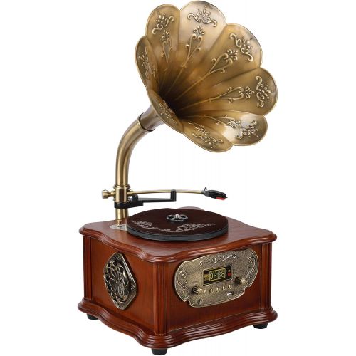  BANDC Wooden Gramophone Phonograph Turntable Vinyl Record Player Stereo Speakers System Control 33/45 RPM FM AUX USB Ouput Bluetooth 4.2