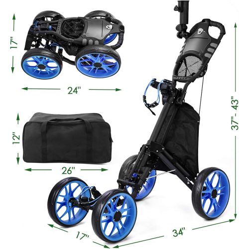  BANIROMAY Upgraded Golf Push Cart, 4 Wheel Lightweight Folding Golf Pull Cart, Easy to Open, Collapsible Golf Walking Cart for Practice and Game