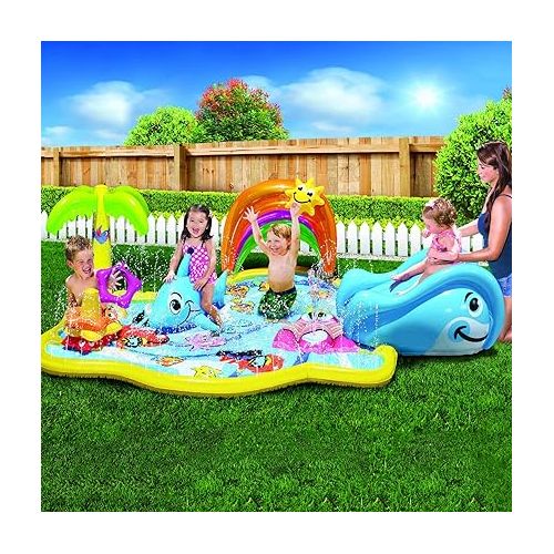  BANZAI Splish Splash Water Park JR, Length: 90 in, Width: 52 in, Height: 24 in, Junior Inflatable Outdoor Backyard Water Splash Toy, Multicolor