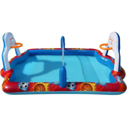  Banzai Outdoor Inflatable Sports Arena 4 in 1 Play Center Water Park Pool with Soccer, Volleyball, and Basketball Sports Ball, Ages 3+