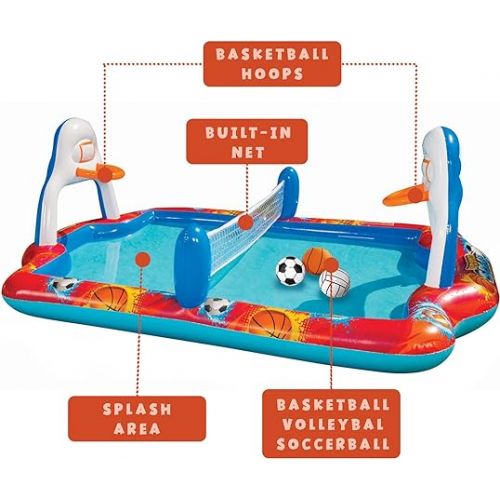  Banzai Outdoor Inflatable Sports Arena 4 in 1 Play Center Water Park Pool with Soccer, Volleyball, and Basketball Sports Ball, Ages 3+