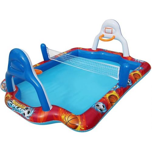  Banzai Outdoor Inflatable Sports Arena 4 in 1 Play Center Water Park Pool with Soccer, Volleyball, and Basketball Sports Ball, Ages 3+