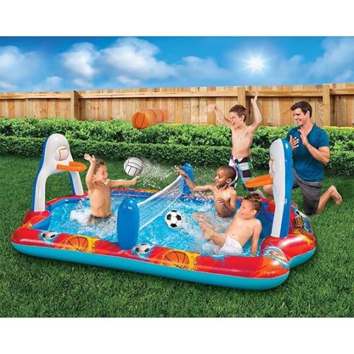  Banzai Outdoor Inflatable Sports Arena 4 in 1 Play Center Water Park Pool with Soccer, Volleyball, and Basketball Sports Ball, Ages 3+