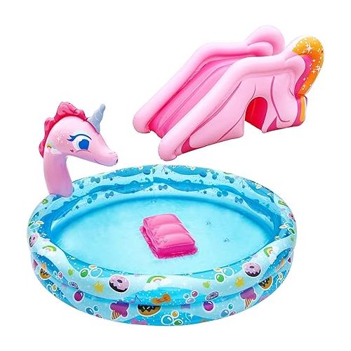  BANZAI Spray 'N Splash Unicorn Pool, Length: 78 in, Width: 60 in, Height: 32 in, Inflatable Outdoor Backyard Water Slide Splash Toy