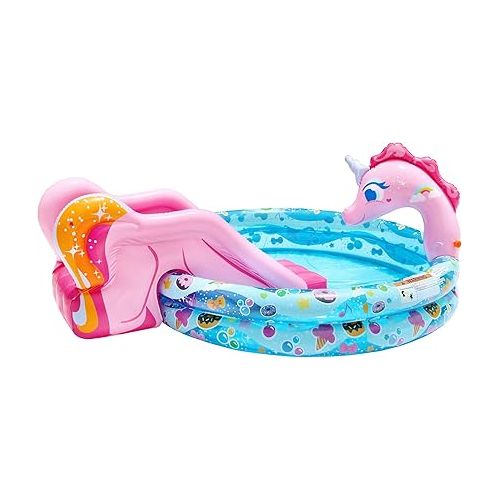 BANZAI Spray 'N Splash Unicorn Pool, Length: 78 in, Width: 60 in, Height: 32 in, Inflatable Outdoor Backyard Water Slide Splash Toy