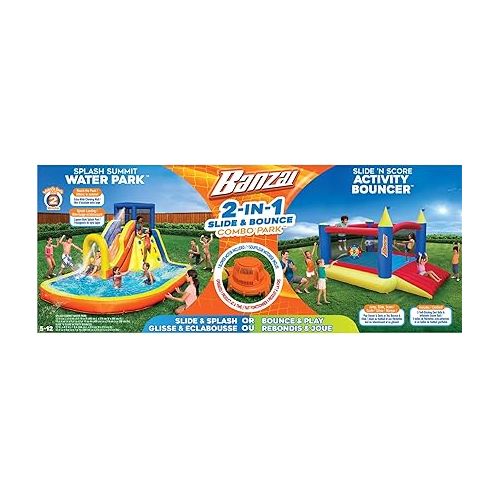  BANZAI Inflatable 13' Water Slide Plus 12' Bounce House 2 for 1 Value Pack w Free Air Blower- Each Inflates in Under 2min- Heavy Duty Kids Adventure Park Pool with Sprinkler 12’x9 XL Bouncy Castle