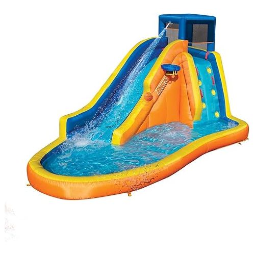  BANZAI Inflatable Water Slide Park - Huge Kids Pool (14' Long by 8' High) with Built in Sprinkler Wave and Hoop - Heavy Duty Outdoor Aqua Blast Lagoon - Blower Included - Inflates in Minutes