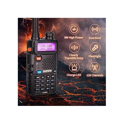  BAOFENG UV-5R 8W Ham Radio Long Range UV5R Handheld High Power Dual Band VHF UHF Walkie Talkies with Programming Cable and Earpiece (Black+2Pack Full Set)