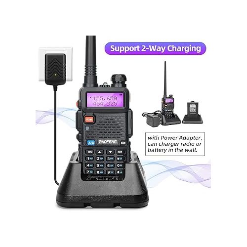  BAOFENG UV-5R 8W Ham Radio Long Range UV5R Handheld High Power Dual Band VHF UHF Walkie Talkies with Programming Cable and Earpiece (Black+2Pack Full Set)