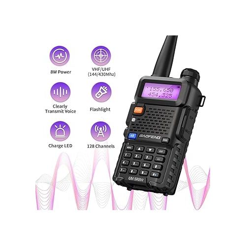  BAOFENG UV-5R 8W Ham Radio UV5R Long Range Walkie Talkies Rechargeable Dual Band UHF VHF Handheld Two Way Radio for Survival Gear(Black 2Pack 8W)