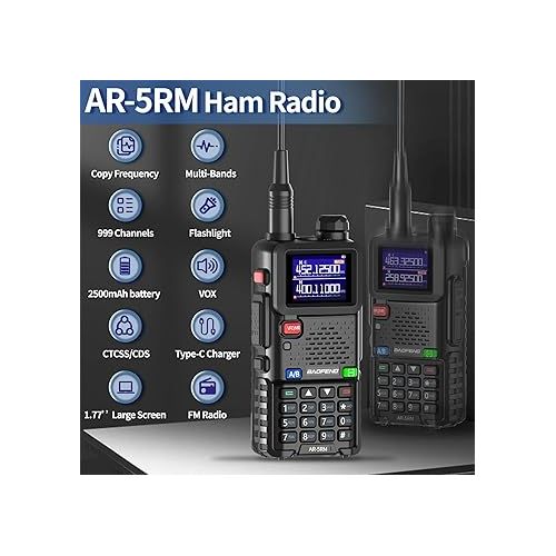  BAOFENG Radio 5RM 10W Ham Radio Long Range Handheld (Upgrade of UV-5R) AR-5RM Two Way Radio NOAA Weather Receiver Rechargeable Walkie Talkies UV5R, Copy Frequency 999CH with Type C Charging Battery