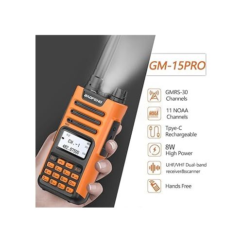  BAOFENG GM-15 Pro 8W GMRS Radio,Long Range Two Way Radio Rechargeable,NOAA Weather Receiver & Scan Radio with Extra AR-771 Antenna USB-C Charger Cable Headsets