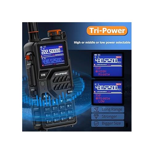  BAOFENG K5PLUS Tri-Band Ham Radio Long Range Walkie Talkies High Power Two-Way Radio with One Touch Frequency Finder Button, USB-C Charging, Color Large Screen Display, NOAA Weather, 999CH