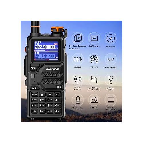  BAOFENG K5PLUS Tri-Band Ham Radio Long Range Walkie Talkies High Power Two-Way Radio with One Touch Frequency Finder Button, USB-C Charging, Color Large Screen Display, NOAA Weather, 999CH