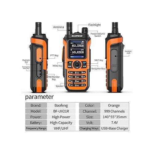  Baofeng UV-5R Upgrade Ham Radio Handheld Dual Band Long Range Two Way Radio for Adults UV-21R Rechargeable Walkie Talkies with Earpiece and AR-771 Orange Antenna Full Kit