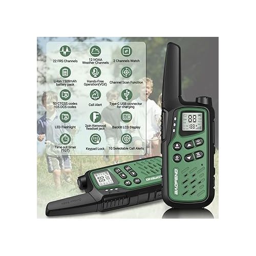  Baofeng Walkie Talkies with 22 FRS Channels, Long Range Walkie Talkies for Adults MP25 Family Walkie Talkie Two Way Radio with LED Flashlight LCD Display for Hiking Camping (Green,Include Battery)