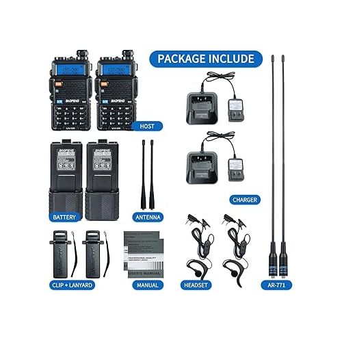 Baofeng UV-5R Ham Radio Long Range UV5R Two Way Radio Dual Band Rechargeable 3800mAh Li-ion Battery High Power Walkie Talkie with Earpiece Full Set for Survival Gear Hiking Hunting,2 Pack