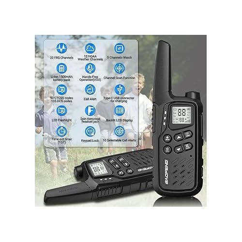  Walkie Talkies, Walkie Talkies for Adults Long Range MP25 Family Walkie Talkie with NOAA Weather Alerts Flashlight and Type-C Charging Cable for Camping Gear Hiking Trip(Black,Include Battery)