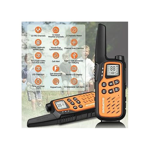  Baofeng Walkie Talkies, Long Range Walkie Talkies for Adults with 22 FRS Channels MP25 Walkie-Talkie with NOAA Weather Alerts and Type-C Charging Cable for Camping Accessories(Orange,Include Battery)